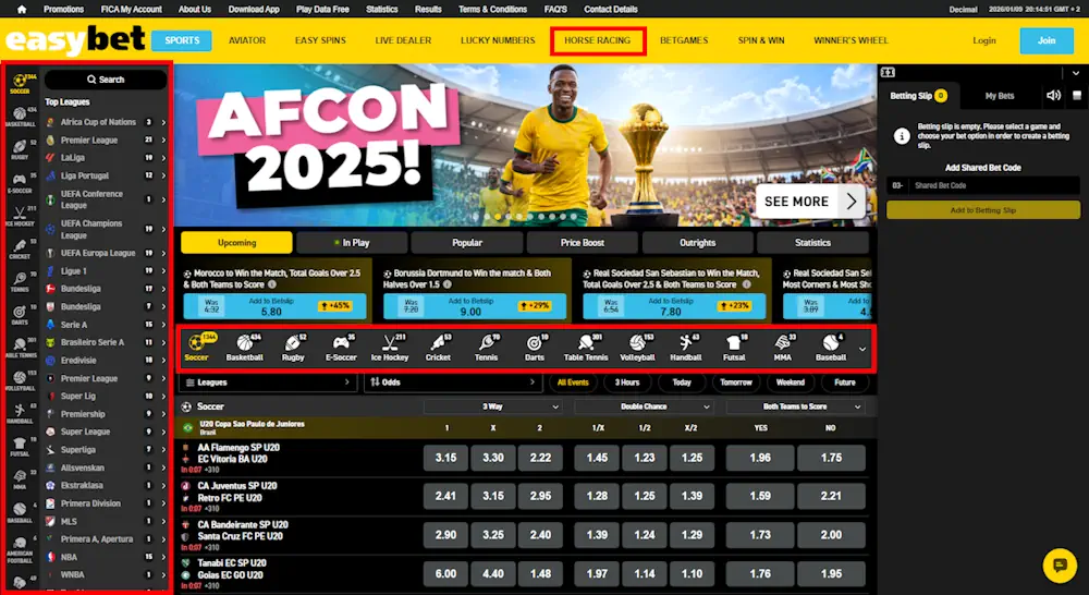 EaziBet (easybet) Sports Menu Screenshot
